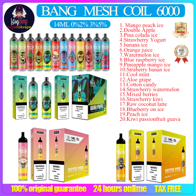 

Original Bang Mesh 6000 Puffs 0% 2% 3% 5% Disposable E cigarette Device Pod Kit 850mAh Rechargeable Battery Prefilled 14ml Coil Cartridge Vape tick Pen VS bang 6000