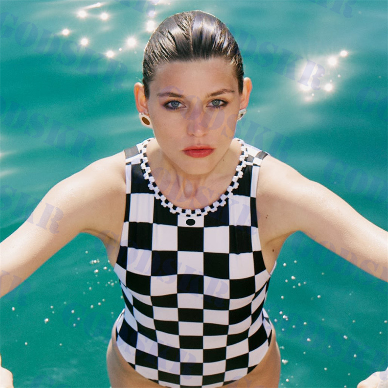 

Designer Bikini Black White Plaid Swimwear Womens One Piece Swimsuit Fashion New Bathing Suit, Pls contact me real pic