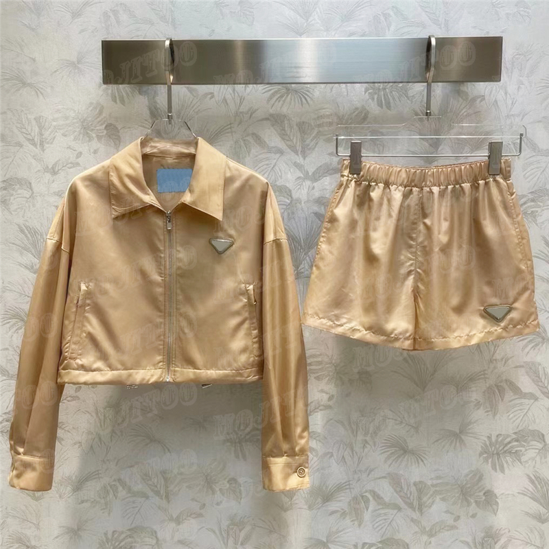 

Letter Badge Jacket Pant Sports Suits For Women Nylon Coats Elastic Waist Drawstring Shorts Fashion Casual Sets, Black