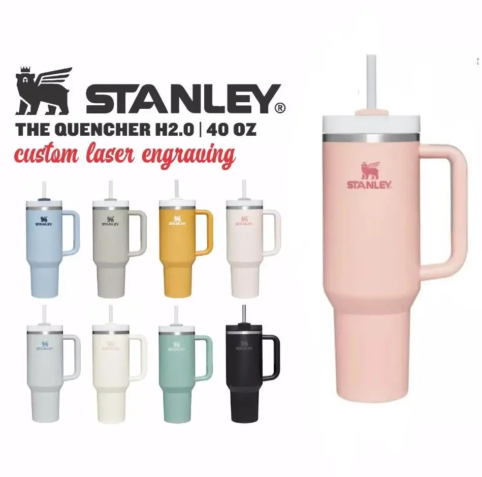 

stanley 40oz with silvery Logo tumbler stainless steel handle lid straw big capacity beer mug THE QUENCHER H2.0 FLOWSTATE tumbers water bottle powder camping cup