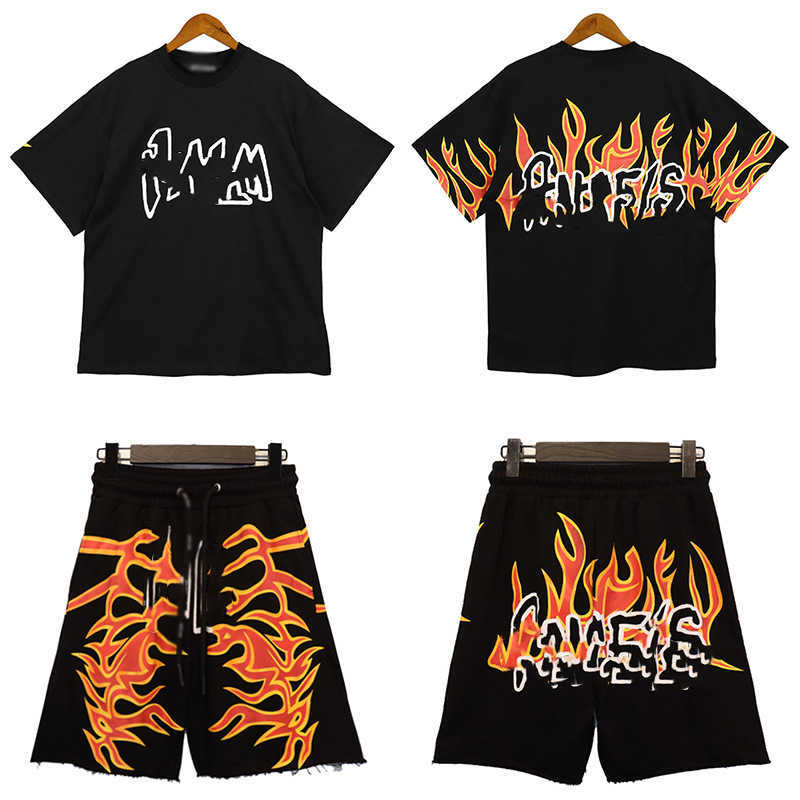 

tracksuit Men' suit new designer classic palm angel flame print short-sleeved top quality loose casual couples with T-shirt, Apricot