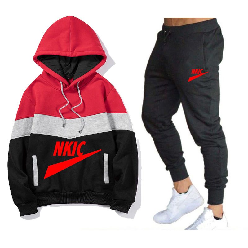 

2 Pieces Sets Tracksuit Hooded Sweatshirt Drawstring Pants Male Sport Hoodies Running Sportswear Men Brand Print Autumn Winter
