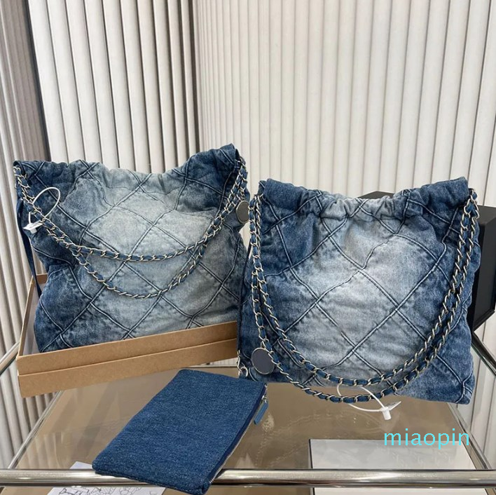 

Designer-Denim Bag Tote Travel Designer Woman Sling Body Bag Handbag with Silver Chain, Blue denim fabric