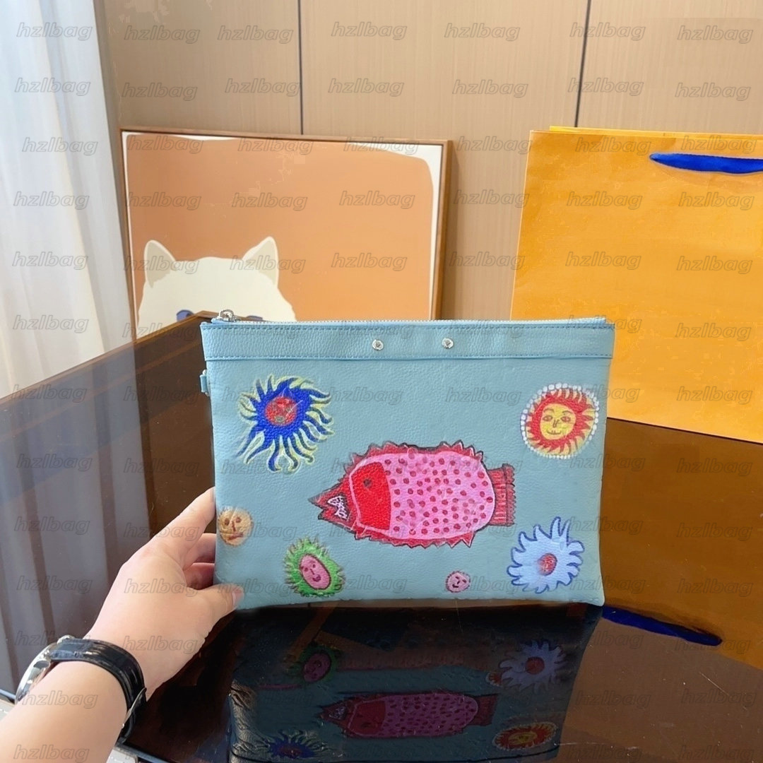 

Yayoi Kusama Bag Blue leather face pattern wrist strap zipper handbag Versatile Classic Vintage Monograms Designers Womens Handbags Purses, 01