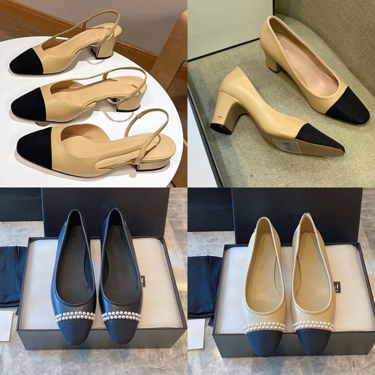 

2023 Beige Black Leather Nylon Women's Sandals Interlocking C Calfskin Logo Pump Toe Cap Slingbacks Slides Party Dress Shoes Mid Block Heels Mules Slider Formal Shoes, Chal4133 2.5cm