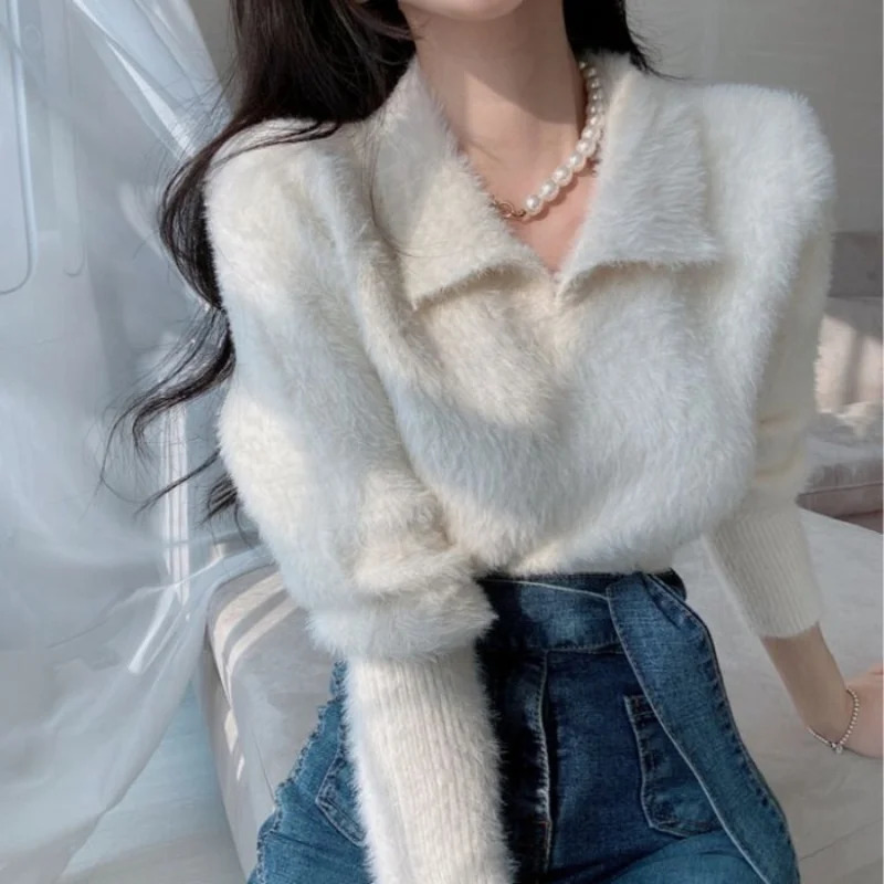 Womens Sweaters Fluffy Pullover Polo Solid Korean Fashion Long Sleeve Sweater Direct 231118