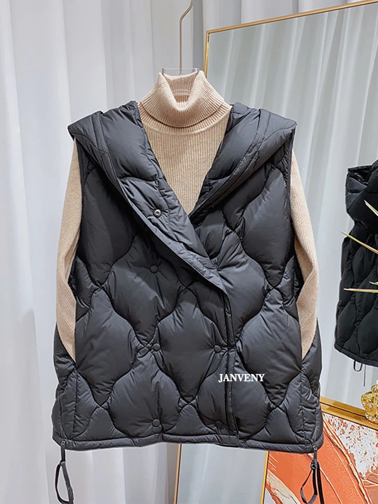 Women's Vests Janveny Winter Loose Short Puffer Feather Vest Women Hooded Single Breasted 90% White Duck Down Lightweight Waistcoat 231117