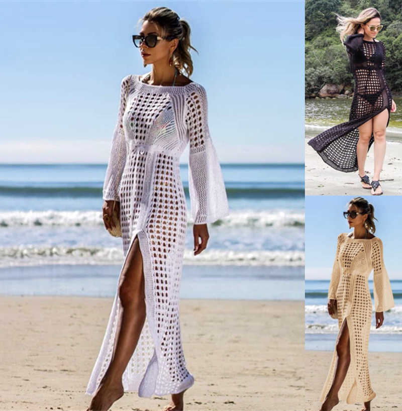 Vêtements de protection solaire couvertures de plage tricotées creuses pour femmes jupe manches fendues vacances long maillot de bain crème solai