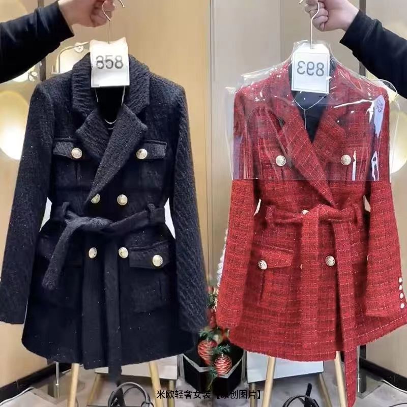 Designer fashion women's trench coat, European and American luxury check style, fashion stitching, fake two loose women's midi trench c-image-921780031