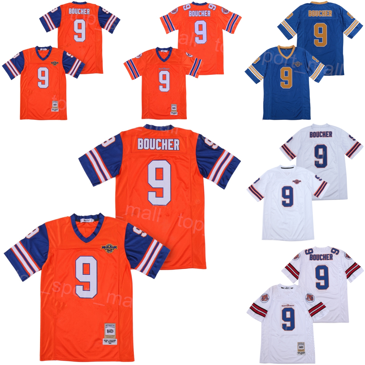 

Movie Football 9 Bobby Boucher Jersey The Waterboy Adam Sandler Mud Dogs Bourbon Bowl Men College All Stitched Blue White Orange Black Color Breathable University