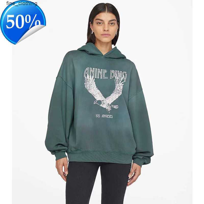 

Anine Bing Women Designer Washed Hoodie Green Spray Fried Eagle Print Fleece Worn Hooded Sweater Pullover Sweatshirts2