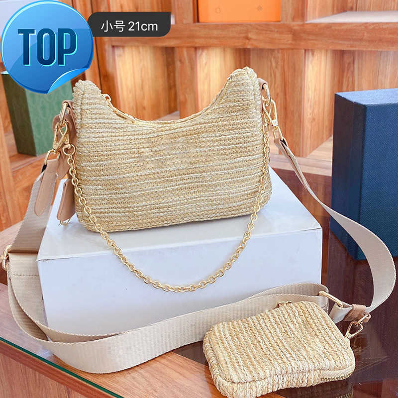 

2 Pieces Set Handbag Crossbody Shoulder Bags Luxury Designer Handbags Fashion Women Chain Straw Bag with Cg, Khaki with logo 24x14cm
