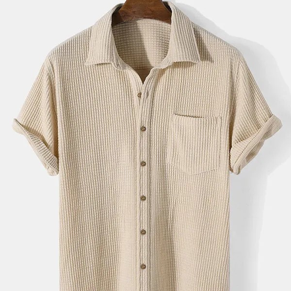 

2023 Men's Casual Shirts Summer European and American Stripes White Pocket Decoration Lapel Short-sleeve Loose