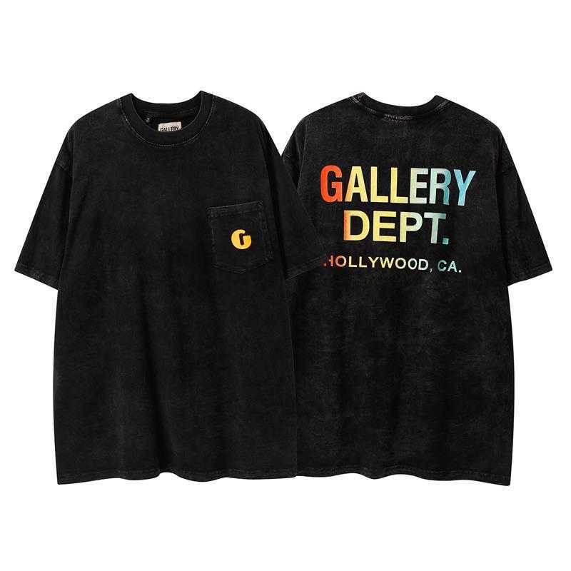 

Fashion Designer Clothing Galleryes Depts Tees Tshirt Pocket Flocking Embroidered Back Gradient Letters Garment Wash Men's Women's Loose Short Sleeve T-shirt, Black