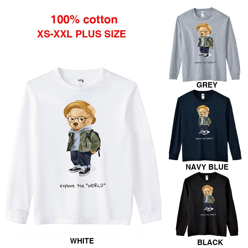 

T-Shirt BLINGPAW Spring/Autumn Teddy Bear explore the world Graphics Unisex Long Sleeve TShirt ONeck Tops Casual 100% Cotton, Grey