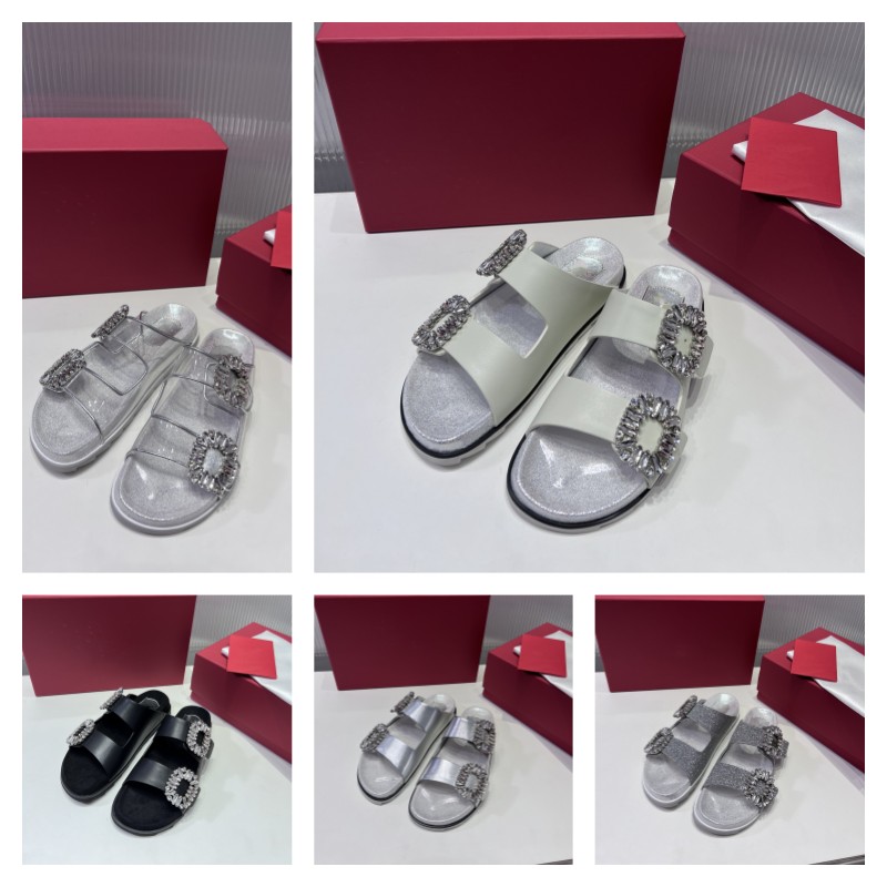 

2023 bling glitter metal buckle sandals Slidy Viv' Strass Buckle Mules in Leather designer womens PVC clear slipper Straps black sliver white sandal summer shoes, Rvi4133