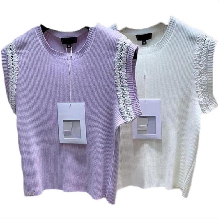

418 2023 Summer Womens Sweater Sleeveless Pullover White Purple Crew Neck Fashion Striped Clothes ZHEN