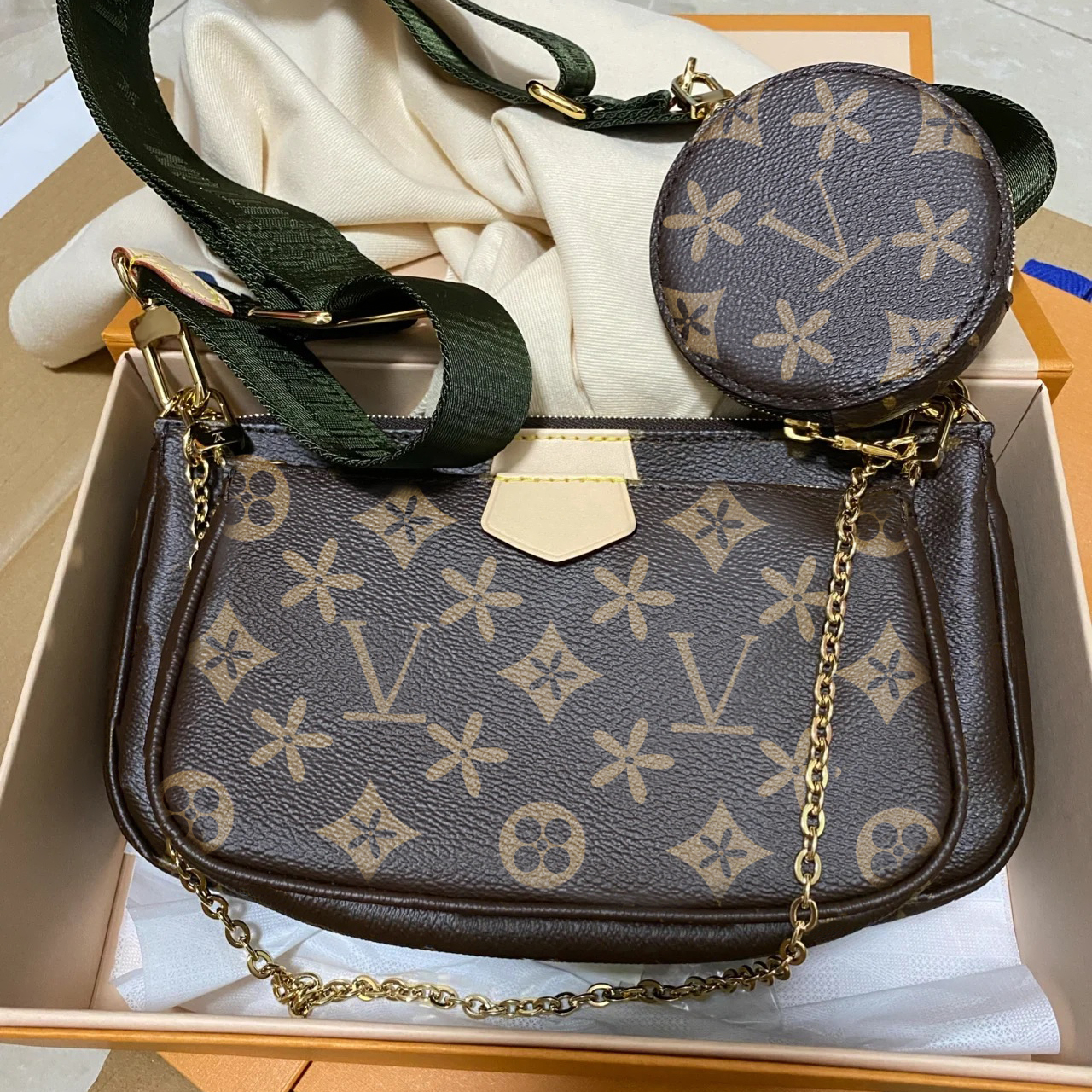 

M44840 MULTI POCHETTE ACCESSORIES crossbody bag womens tote handbags designer bag mens Genuine leather Shoulder messenger bags luxury brown flower clutch bags, Green