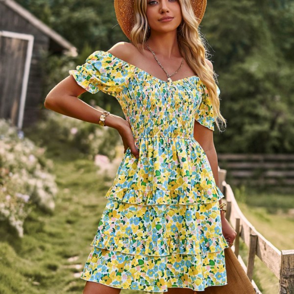 

french romantic uneck dress for women 2023 new fashion spring summer puff sleeve floral printted cake skirts midi layered dress, Royalblue