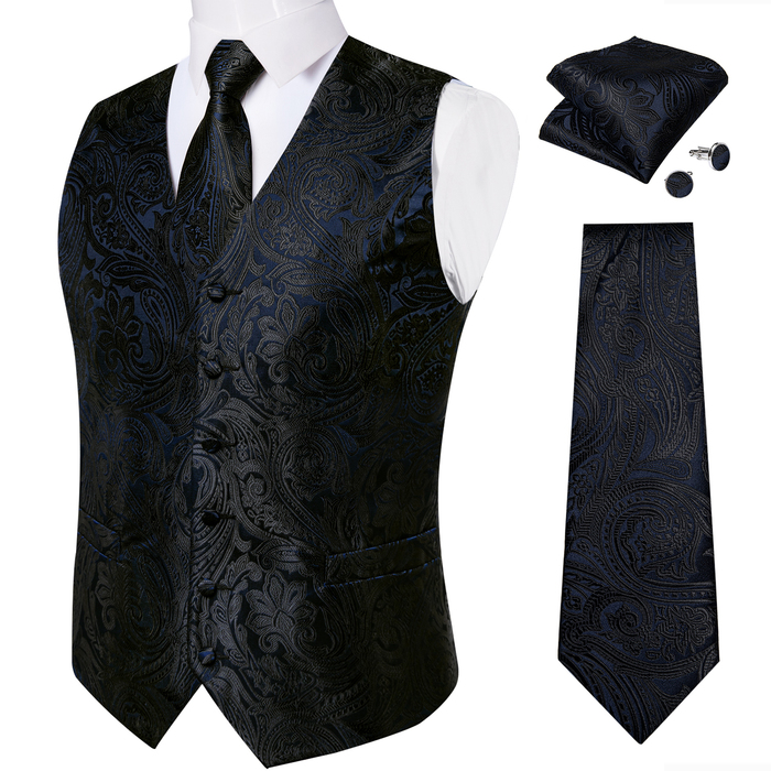 

Men's Vests Black Paisley Blue Suit Vest Neck Tie Set Pocket Square Cufflinks Men's Wedding Waistcoat Luxury Tuxedo Vests Men Gilet DiBanGu 230418, M-139