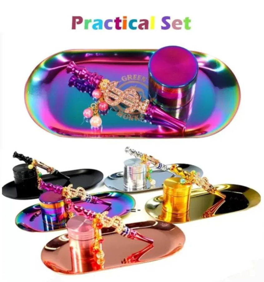 New launched smoking set metal herb grinder rainbow rolling tray bling blunt holder Shining Rainbow Kit FY3791-image-859568167