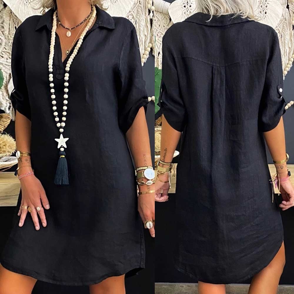 

Casual Dresses Cotton Linen OL Blouse Dress Vintage Casual Turn Down Collar Short Sleeve Loose Solid Mini Dresses Female Vestidos FYY1062 230418, Random color