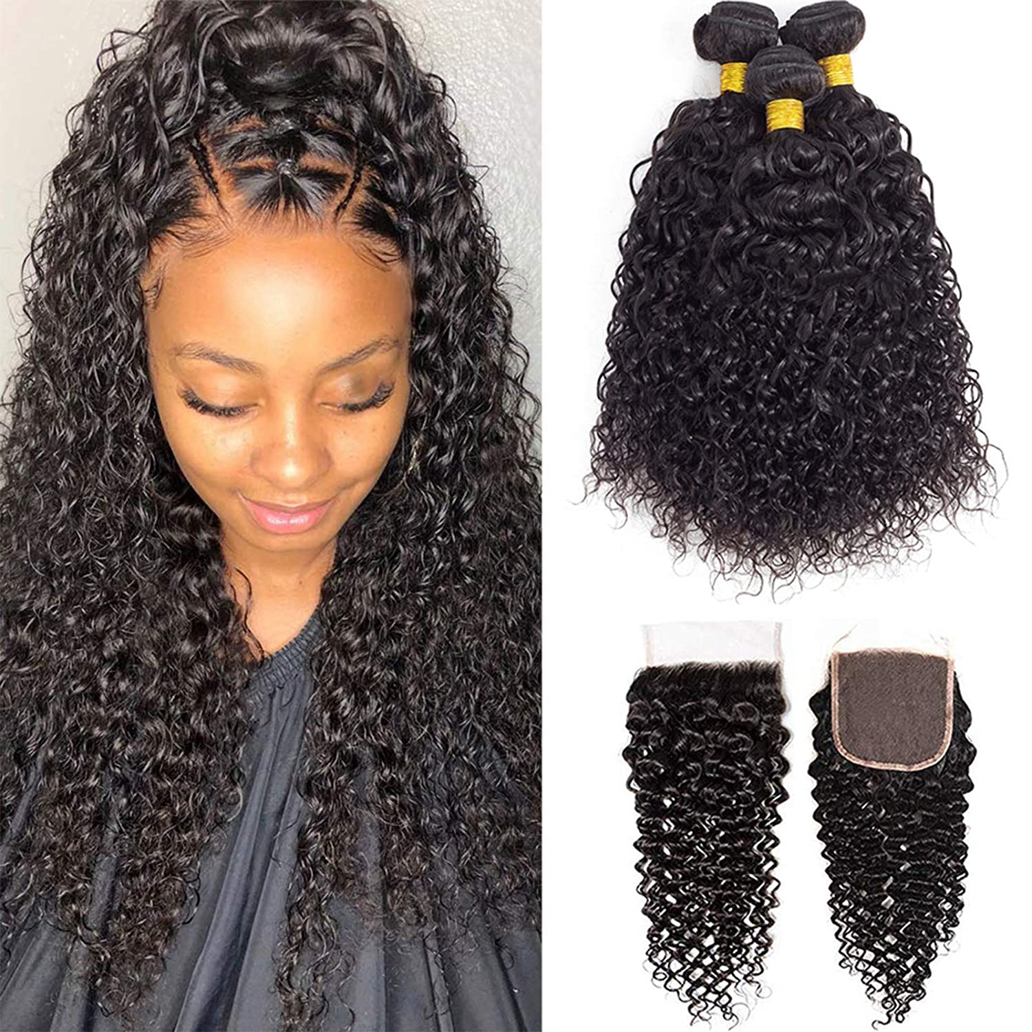 

Brazilian Remy Virgin Curly Hair 3 Bundles with 4X4 Lace Closure Free Part 100% Unprocessed Virgin Remy Hair Bouncy Curly Human Hair Weave Bundles with Closure 9A, Natural color