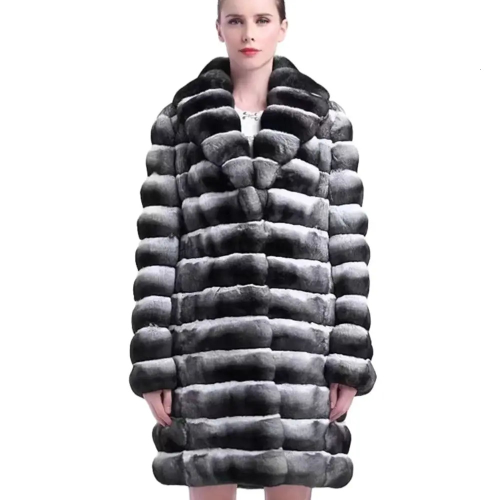 Women&#039;s Fur Faux Chinchilla Striped Coat Real Rex Rabbit Lapel MidLength Thick Warm Jacket Winter Fashion 2023 231117-image-921743593
