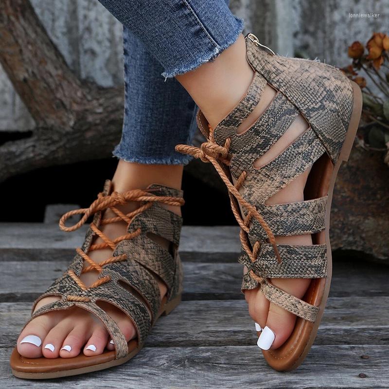 

Sandals Fashion Women Snakeskin Embossed Lace-up Front Gladiator 2023 Summer Outdoor Slides Casual Shoes, Brown