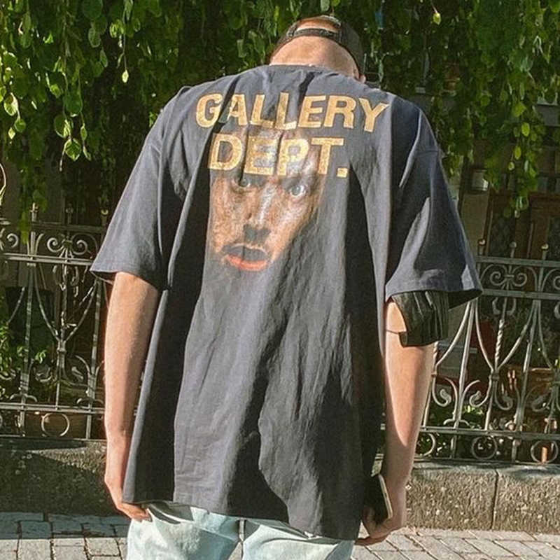 

Fashion Designer Clothing Galleryes Depts Tees Rock Tshirt Letter Portrait Made Garment Wash Vintage American Brand Men's Short Sleeve T-shirt Summer, Black