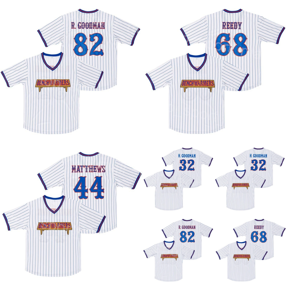 

Benchwarmers Jersey Moive Baseball 44 Gus Matthews 68 Clark Reedy 82 Richie Goodman 32 Howie Goodman Pinstriped White Breathable For Sport Fans Stitched Cool Base, 32 white