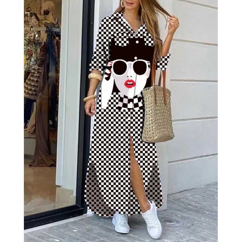 

Women Maix Dresses Printed Long Sleeved Casual Dress Button Pocket Long Skirt, #1