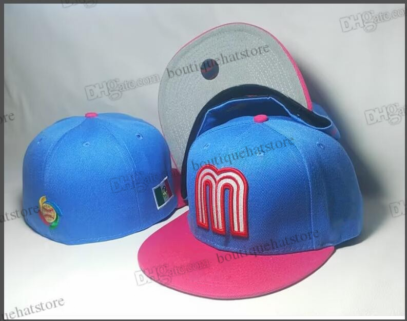 

2023 Men's Letter M Flat Full Size Closed Caps Black Mexico Baseball Hip Hop Classic Sports All Team Vintage Blue Color Red Brim Fitted Hats In Size 7- Size 8 AP12-06
