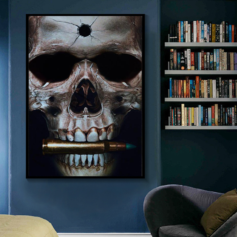

Wall Art Canvas Painting Abstract Black Skull with Bullet Modern Posters and Prints Wall Picture for Living Room Home Decoration