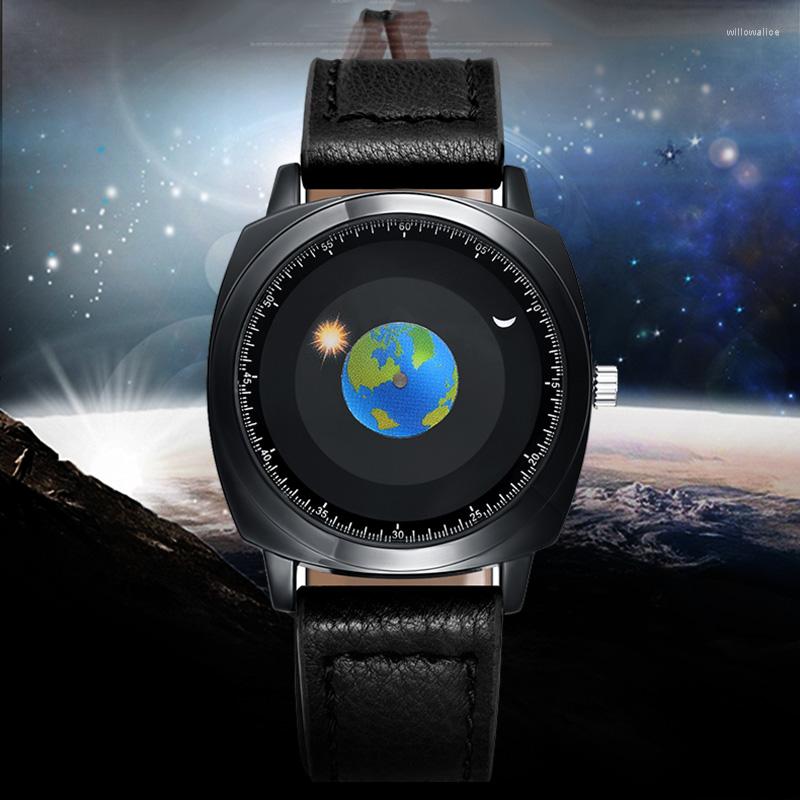 

Wristwatches Addies Watch Fashion Creative Design Rotation Earth Sun Moon Watches Men Casual Leather Band Quartz Relogio Masculino, Black-silicone