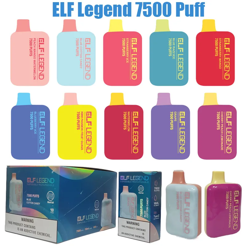 

ELF Legend 7500 Puffs Disposable E-cigarettes Vapes Electronic Cigarettes 15ml pods Rechargeable 650mah vape battery Mesh Coil