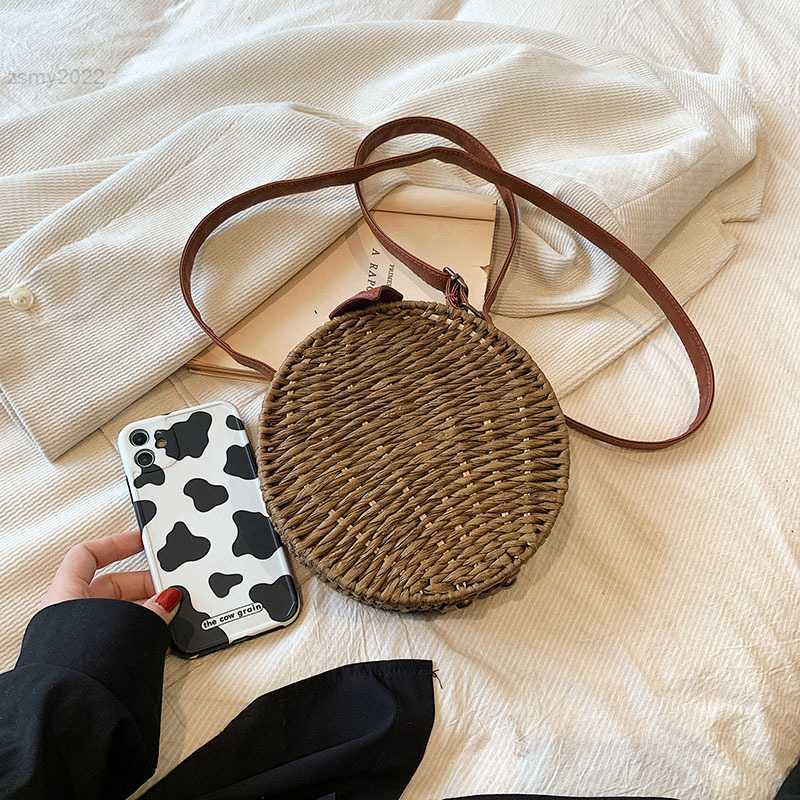

Evening Bags Woven Beach Straw Bags for Women 2023 Summer Crossbody Bag Handmade Rattan Small Round Bag Handbag Travel Female Shoulder Bag, Brown