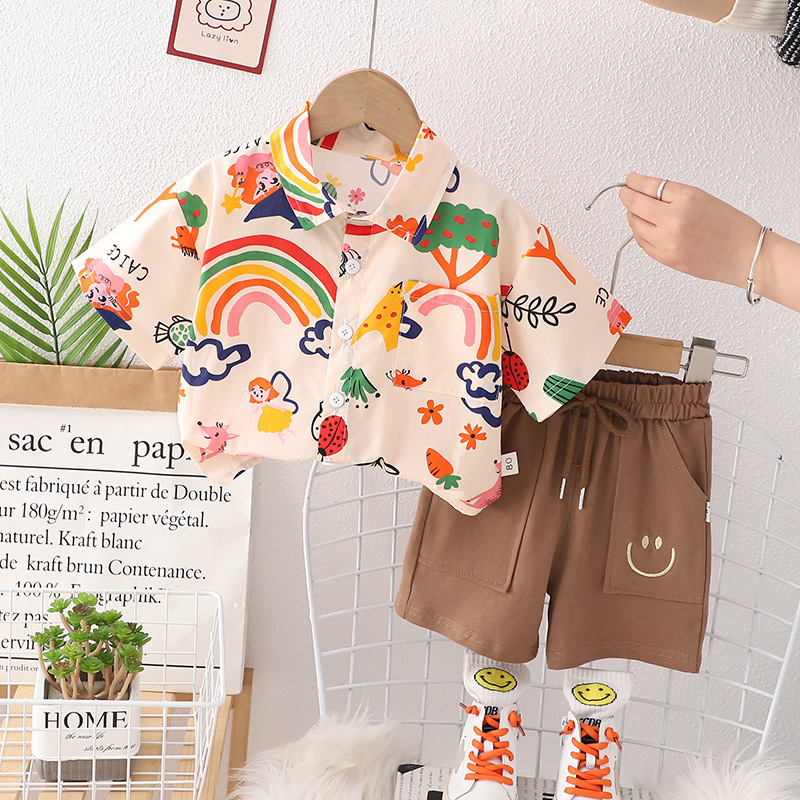 

Toddler Boy Clothes Fashion Cartoon Print T-shirt Tops Solid Shorts Gentlemen Set Infant Baby Boy Summer Clothes Casual Suit, 02