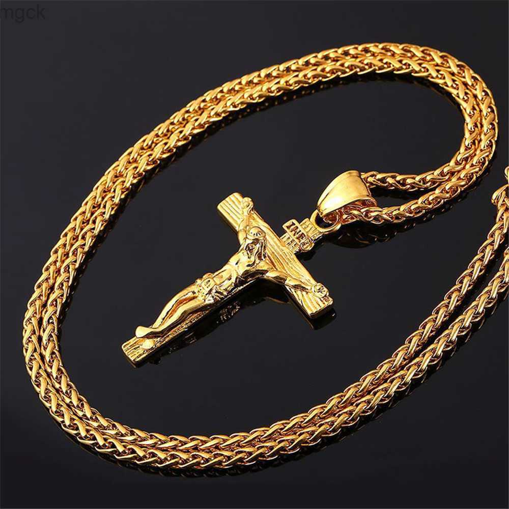 

Pendant Necklaces Luxury religious charm jesus cross necklace for men fashion gold color hip hop cool pendant with chain necklace jewelry gifts