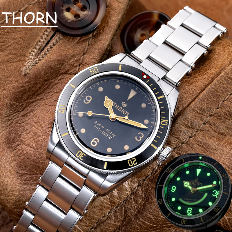 

Wristwatches THORN Watch For Men NH35 Movement Automatic Mechanical s Diving 200M Waterproof C3 Super Luminous Luxury Curren 230418, Snowflake needle