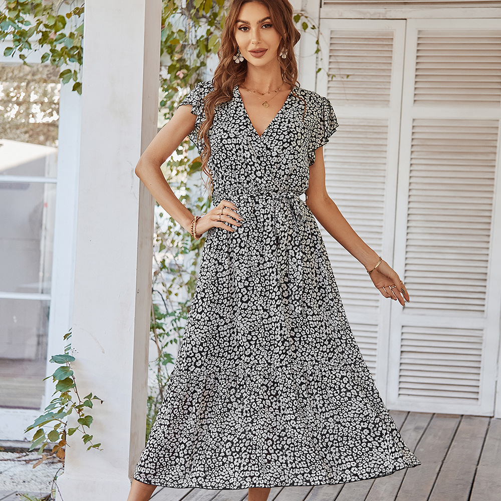 

vneck leopard womens long dress floral printted flying sleeve chiffon casual high waist big swing sexy onepieces skirts 2023 summer fashion europe and america style, Blue