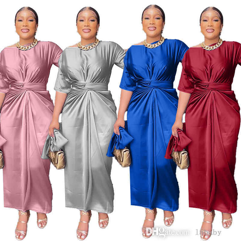 

2023 Summer Prom Dresses Designer Clothing Maxi Dress Short Sleeve Waist Band Tie O-neck Solid Color Elegant Party Dress For Women, Blue9