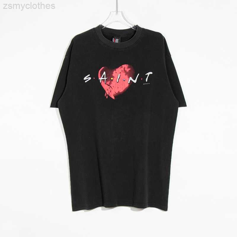 

Men's T-Shirts Saint Michael Spring Summer Men Women Love T Shirt Washed Distress Vintage Hip Hop High Street Casual Oversized Short Sleeve, Black