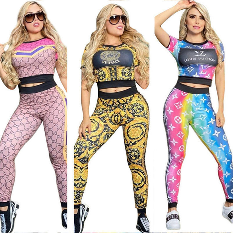 

2023 Brand Women Letter Tracksuits Summer 2 Piece Set Short Sleeve T-Shirt Pants Fashion Sports Suit Crew Neck Outfits Pullover Jogging Suit 9336, Mix color