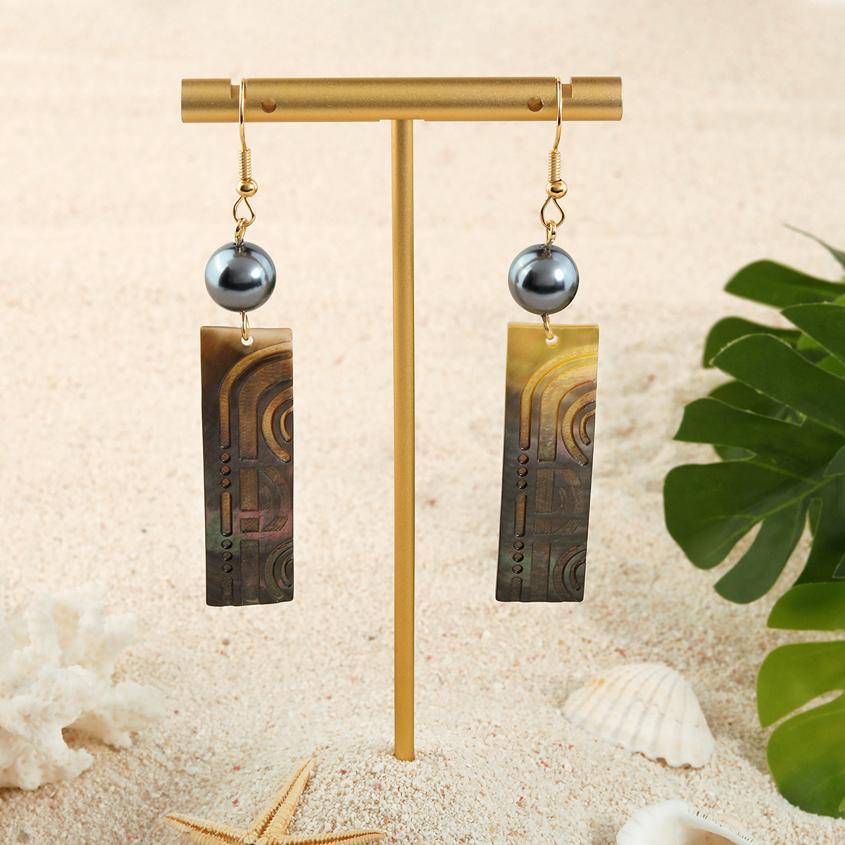 

Hawaiian Black Shell Carved Long Strip Dangle Earrings Vintage Fashion Popular Natural Mother of Shell Pearl Earrings