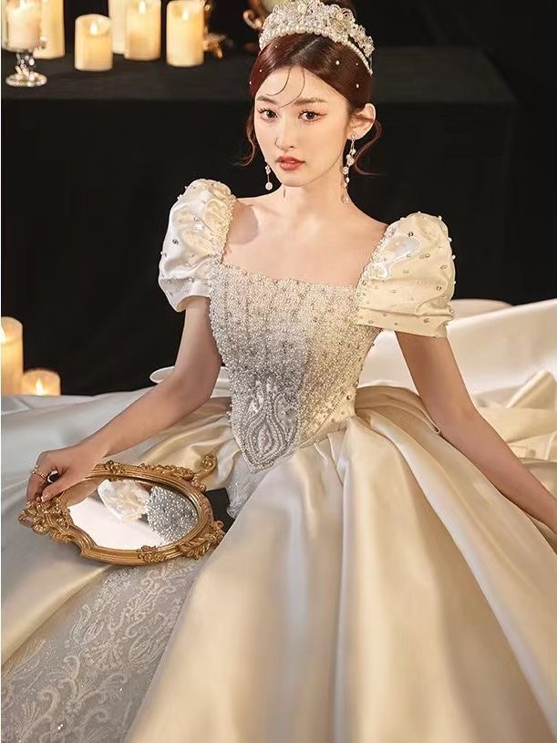 Full pearls A Line Wedding Dresses 2023 lace tulle Appliques Beading Summer Beach satin Wedding Bridal Gowns vintage luxury plus size ball gown s-image-921836500