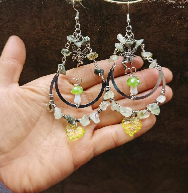 

Dangle Earrings Magic Olive Green Mushroom Standing On Moon Prehnite Cottagecore Jewelry Witchy Boho