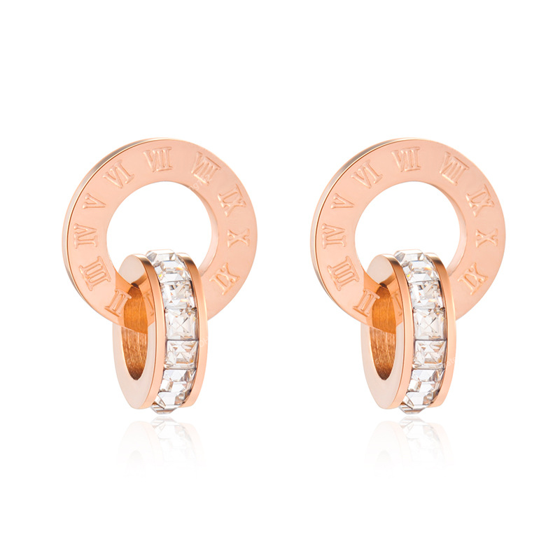 Boucles d'oreilles Double cercle en zircone cubique, chiffres romains, acier titane, couleur or Rose, boucles d'oreilles de mariage ZE17014