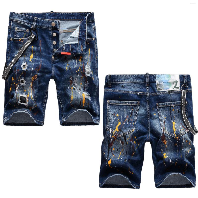 

Men's Shorts Light Luxury Mens Slim-fit Hole Ripped Denim Strap Decors Trendy Color Ink Splash Casual Sexy Street Jeans, Blue