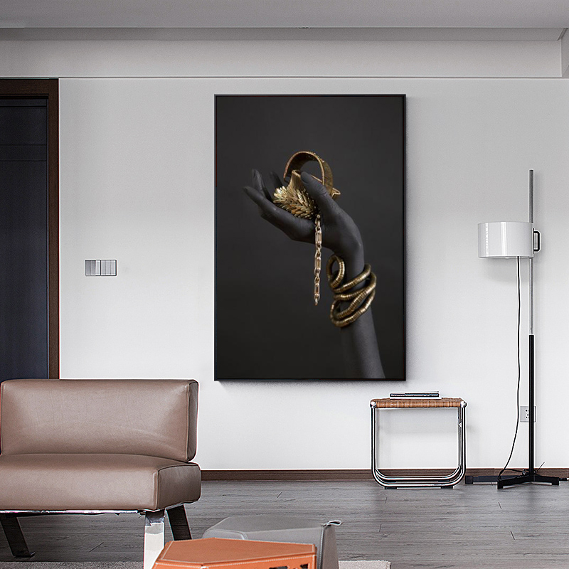 

African Black and Gold Women Hand with Jewelry Art Posters and Prints Canvas Painting Wall Pictures for Living Room Decoration